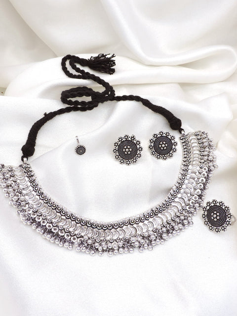 Oxidized silver floral beaded choker necklace set with long drop earrings by joyrias