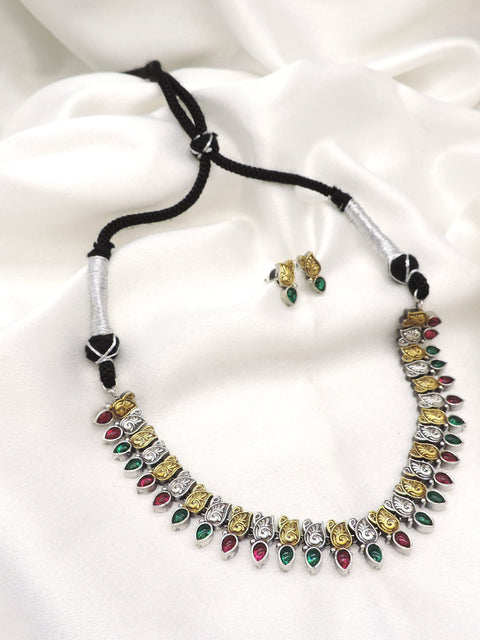 Oxidized Multicolor Leaf Motif Necklace Set with Matching Earrings by Joyrias