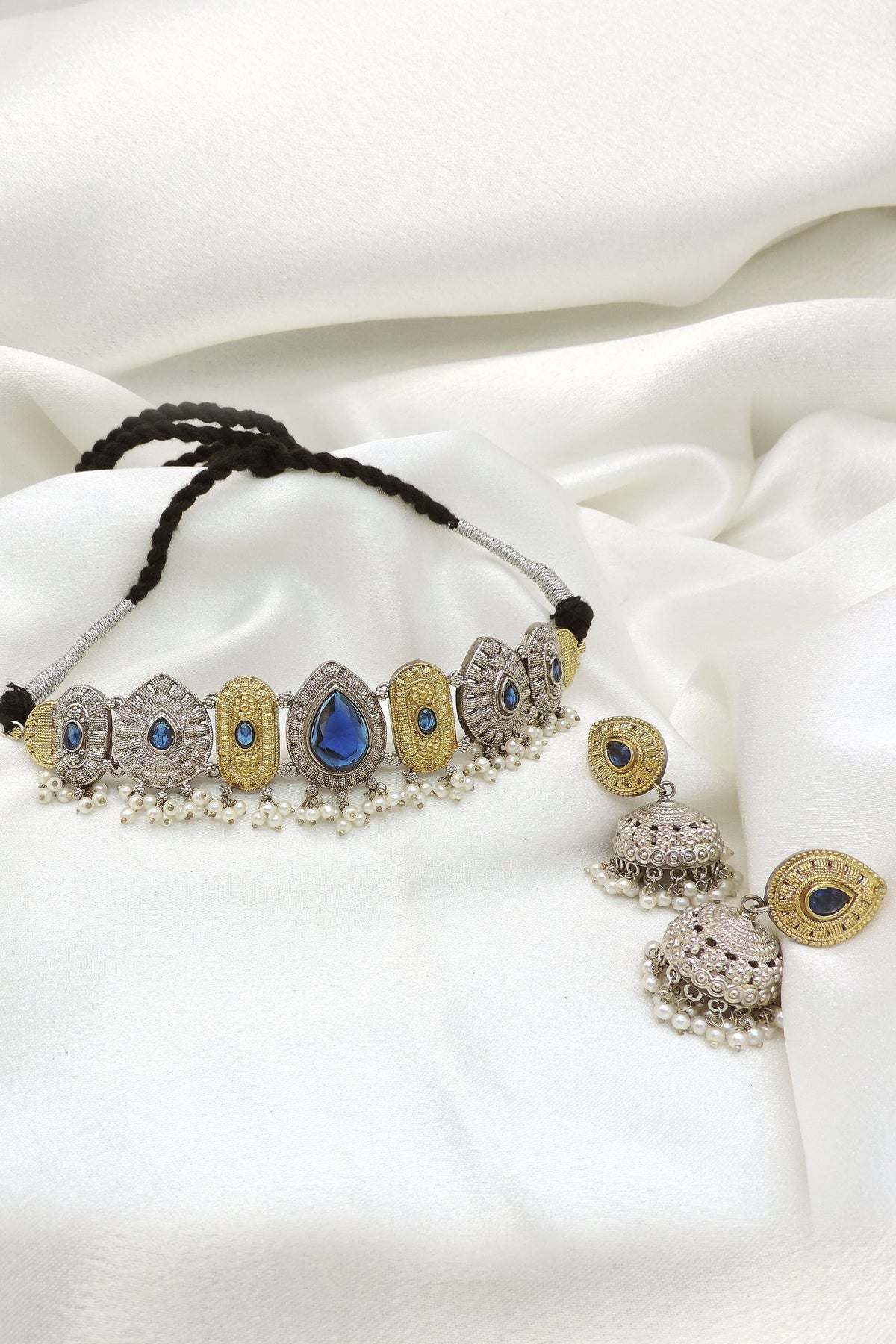 Oxidized Dual-Tone Black Stone Choker Necklace Set