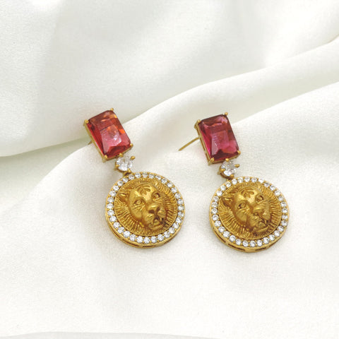 Regal Lion Medallion Drop Earrings by Joyrias
