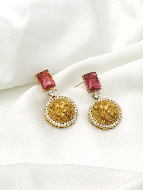 Regal Lion Medallion Drop Earrings by Joyrias