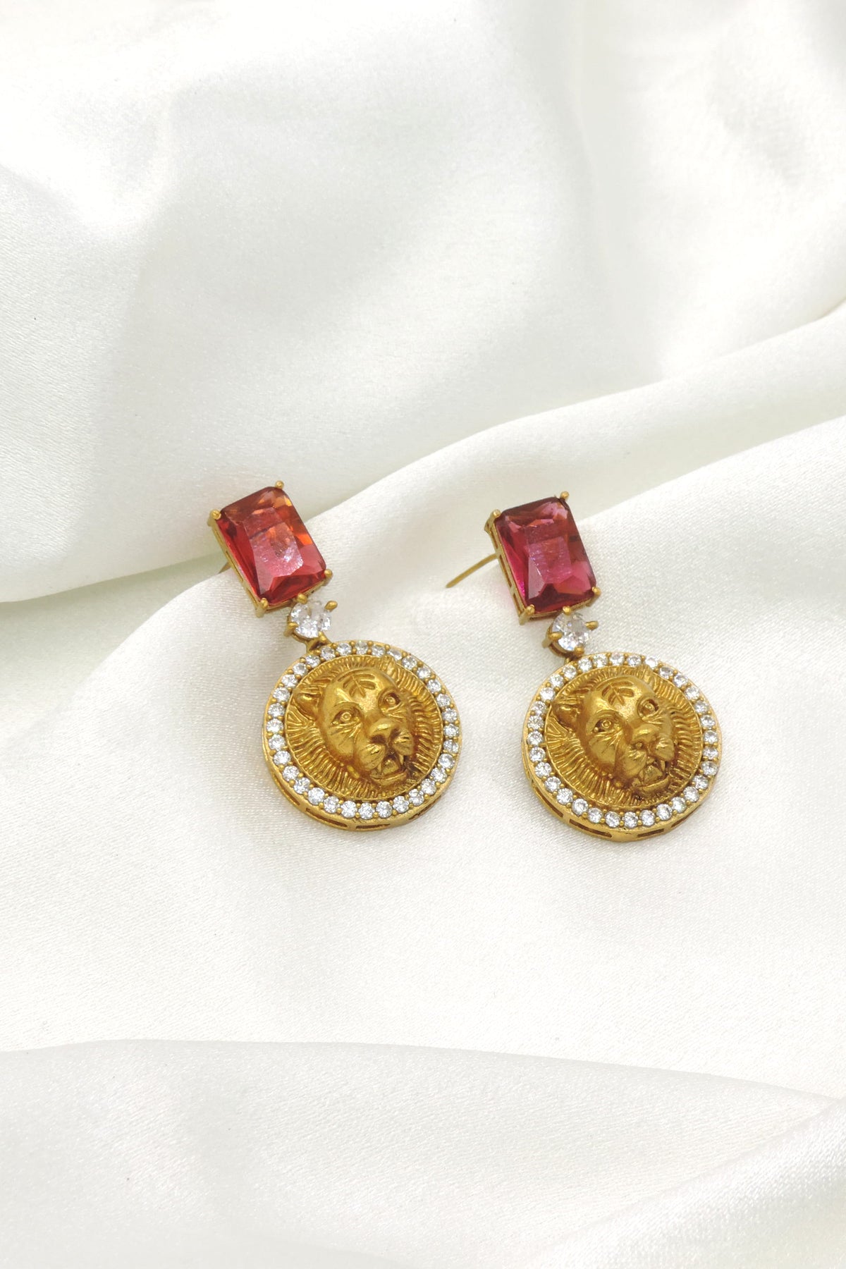 Regal Lion Medallion Drop Earrings by Joyrias