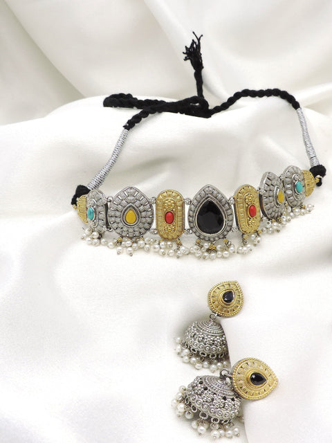 Oxidized Dual-Tone Black Stone Choker Necklace Set