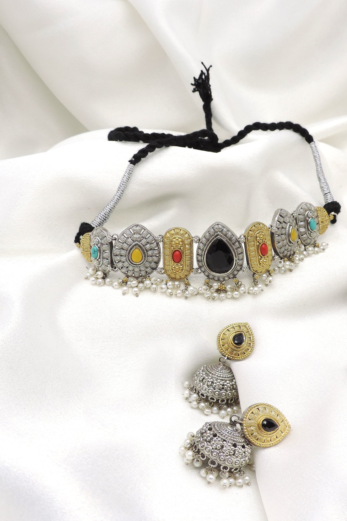 Oxidized Dual-Tone Black Stone Choker Necklace Set