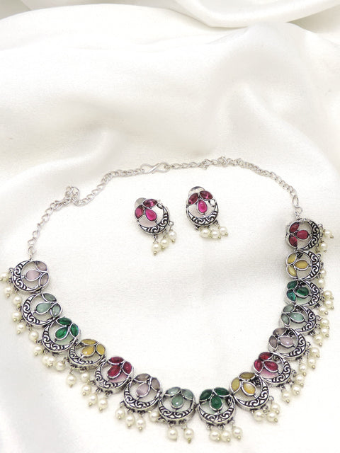 Oxidized Multicolor Pearl Floral Necklace Set with Matching Earrings
