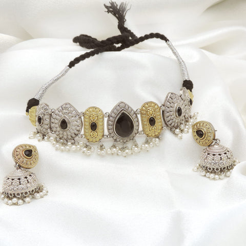 Oxidized dual-tone black stone choker necklace set by joyrias