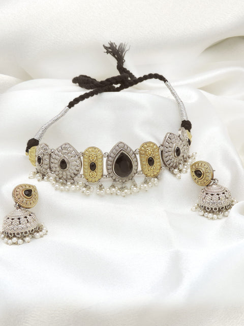Oxidized dual-tone black stone choker necklace set by joyrias