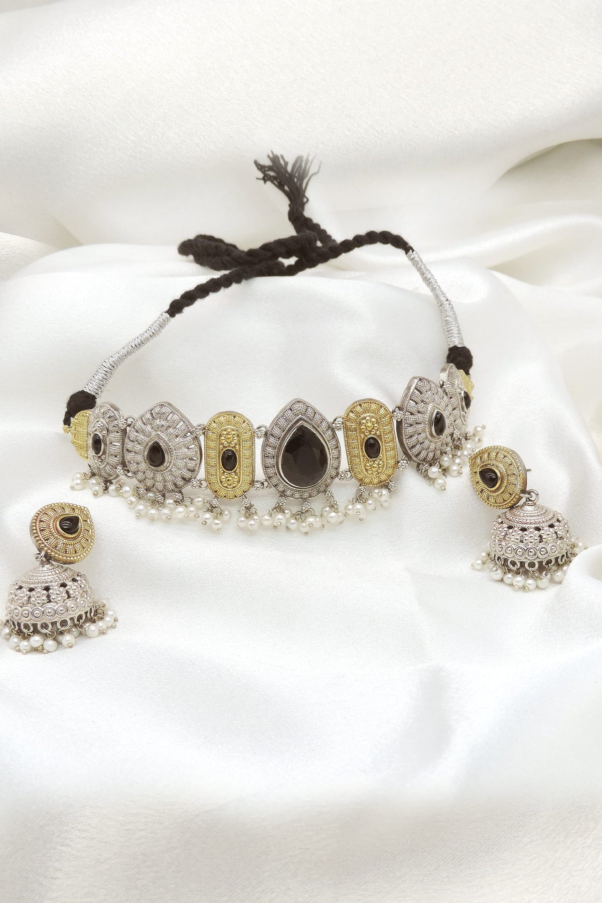 Oxidized dual-tone black stone choker necklace set by joyrias