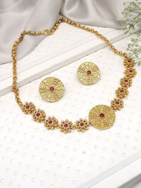 Antique gold floral necklace set with round stud earrings – Indian ethnic jewelry USA – Joyrias