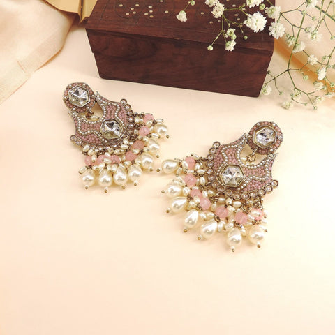 Gold plated pastel pink Kundan chandbali earrings with pearls – Indian festive earrings USA – Joyrias