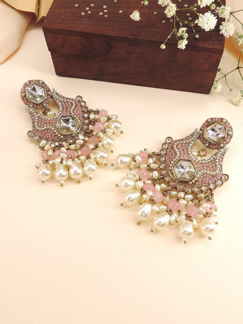 Gold plated pastel pink Kundan chandbali earrings with pearls – Indian festive earrings USA – Joyrias