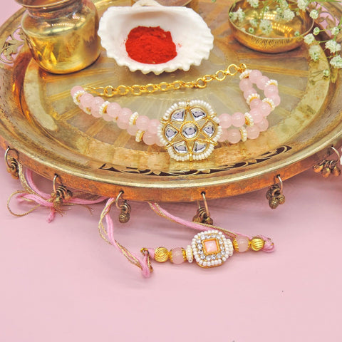 Blush Kundan Bhaiya Bhabhi Rakhi Set by Joyrias