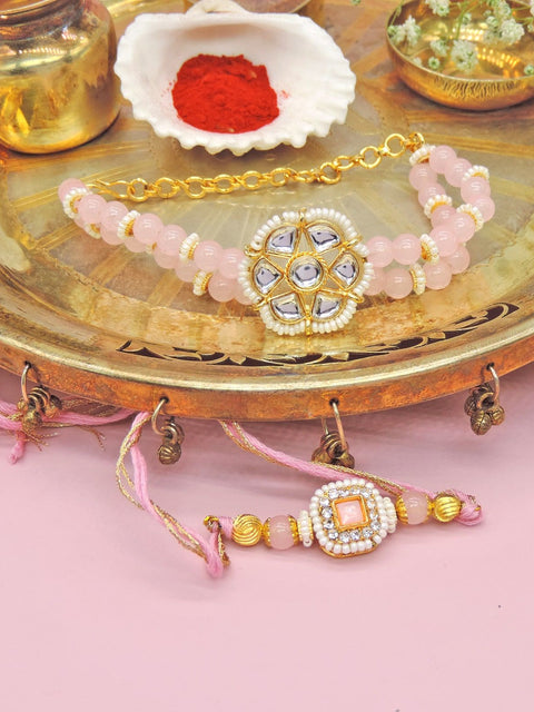Blush Kundan Bhaiya Bhabhi Rakhi Set by Joyrias