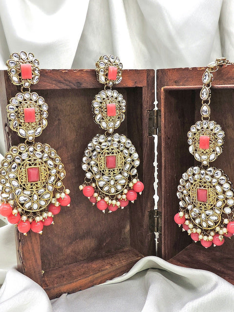 Gold tone Kundan maang tikka set in pink – Indian pink maang tikka for weddings USA – Joyrias