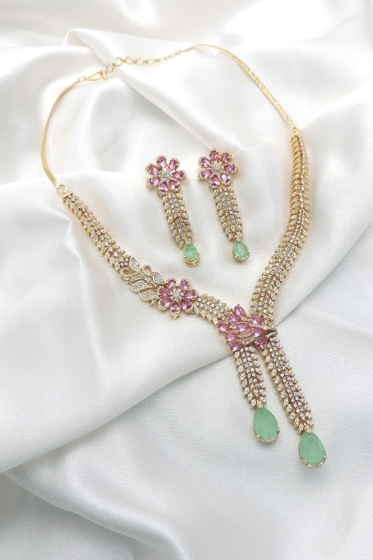 Pink floral drop necklace set by Joyrias