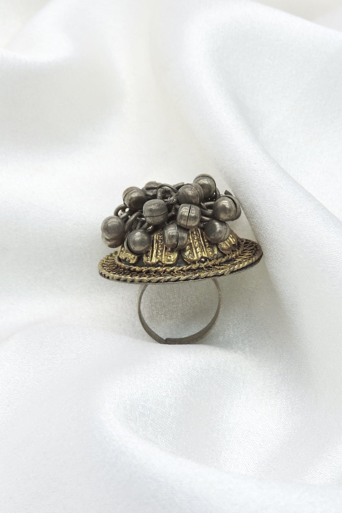 Oxidized silver gold-toned beaded dome ring with traditional detailing by joyrias