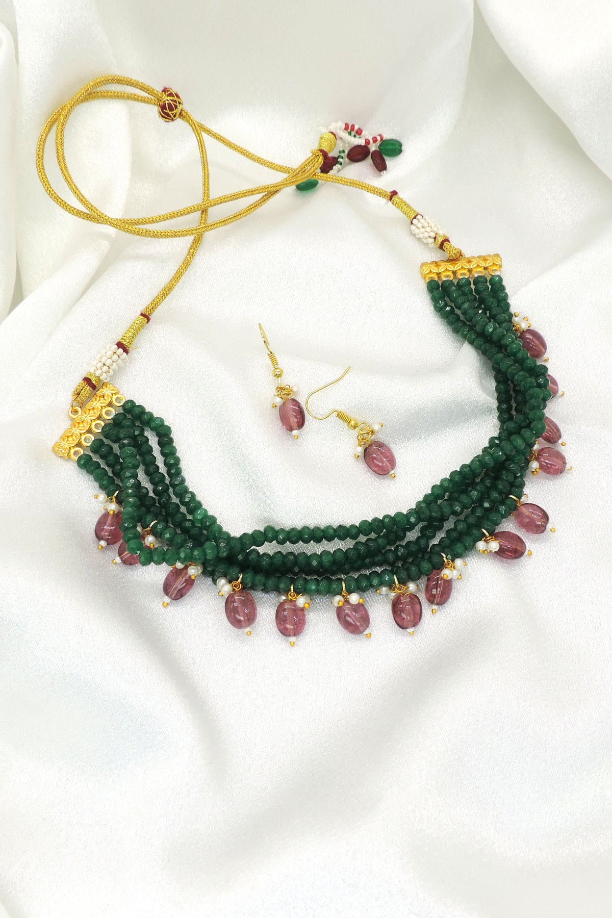 Midnight Blue Beaded Choker Necklace Set with Maroon Drops