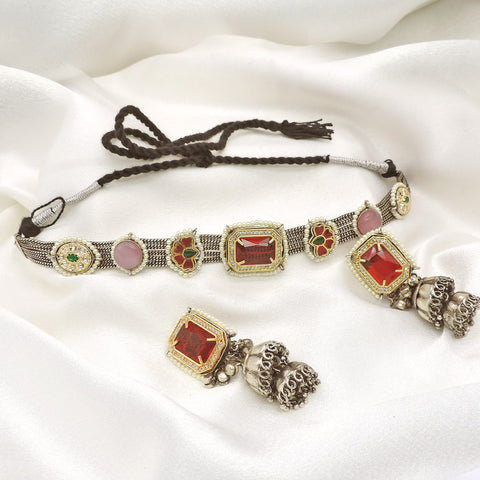 Oxidized dual-tone red pink kundan necklace set with jhumka earrings by joyrias
