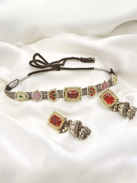 Oxidized dual-tone red pink kundan necklace set with jhumka earrings by joyrias
