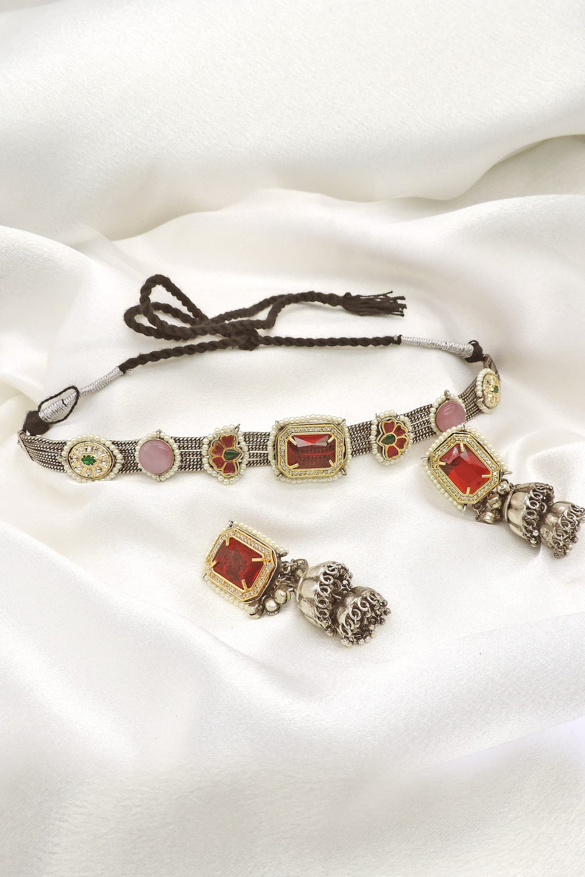 Oxidized dual-tone red pink kundan necklace set with jhumka earrings by joyrias