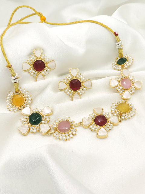 Multi-Color Floral Necklace Set with Pearls