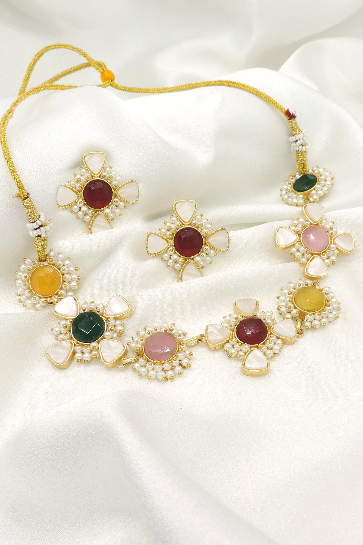 Multi-Color Floral Necklace Set with Pearls