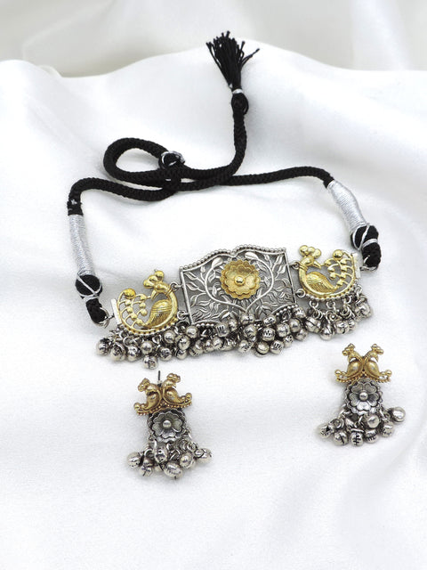 Oxidized dual-tone peacock floral necklace set with earrings by joyrias