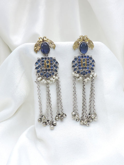 Gold-toned blue Kundan pearl long drop earrings by joyrias