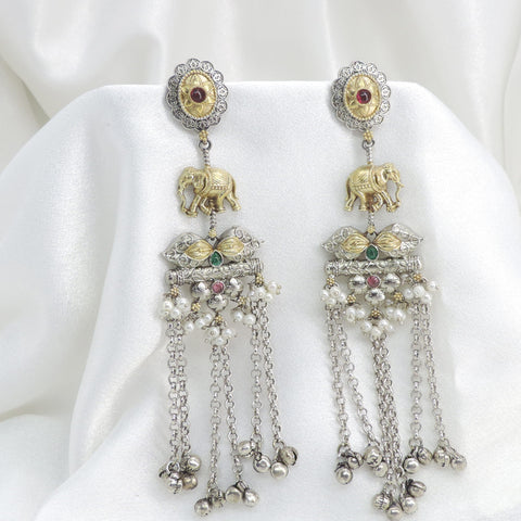 Oxidized elephant floral pearl long earrings with colorful stone detailing and ghungroo accents by joyrias
