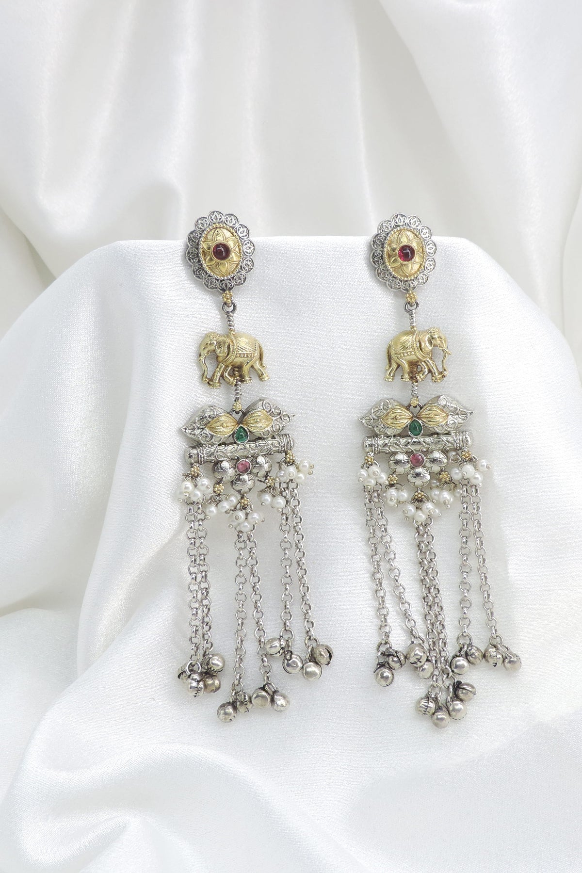 Oxidized elephant floral pearl long earrings with colorful stone detailing and ghungroo accents by joyrias