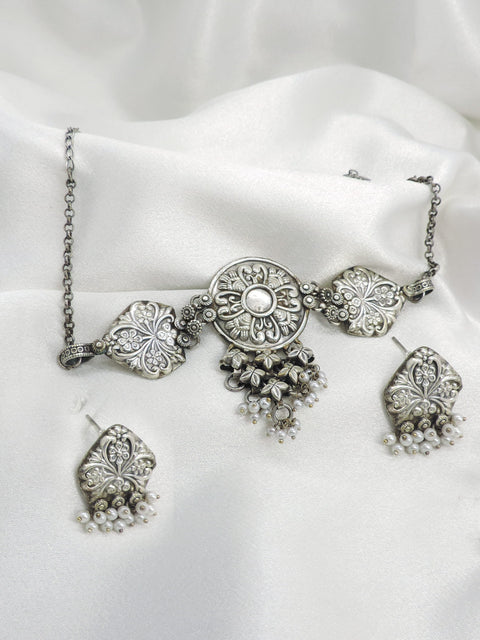 Oxidized silver floral pearl choker necklace set with matching earrings by joyrias
