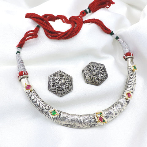 Oxidized multicolor traditional Hasli necklace set with matching earrings by Joyrias