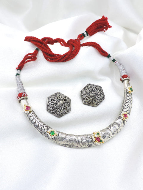 Oxidized multicolor traditional Hasli necklace set with matching earrings by Joyrias