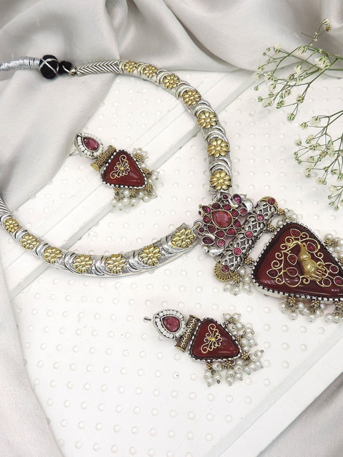Oxidized silver gold red stone necklace set – statement Indian necklace for weddings – Joyrias