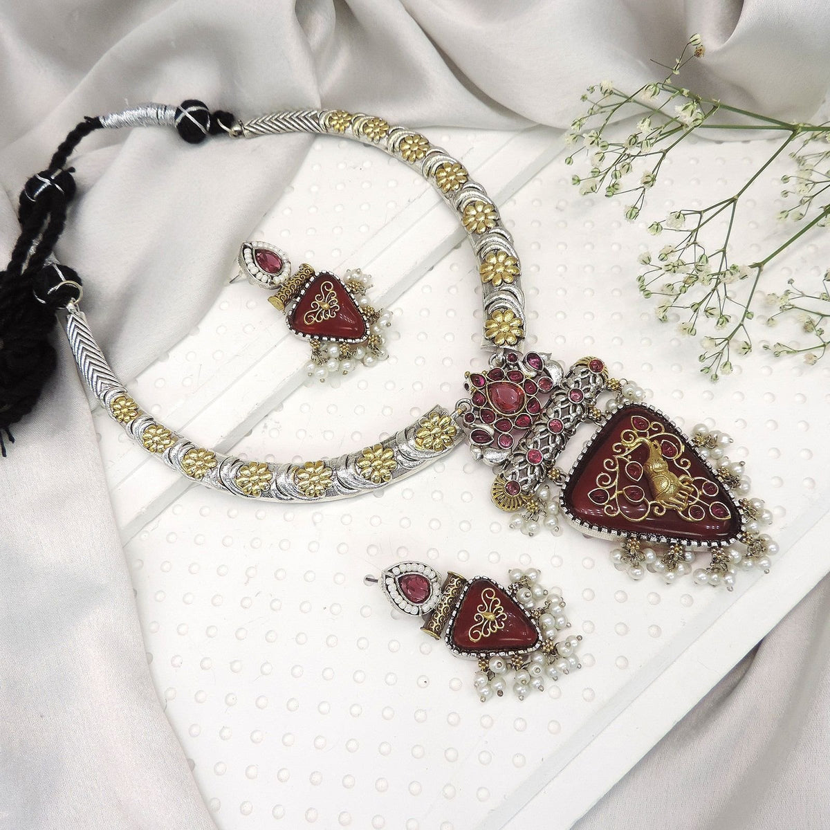 Oxidized silver gold red stone necklace set – statement Indian necklace for weddings – Joyrias