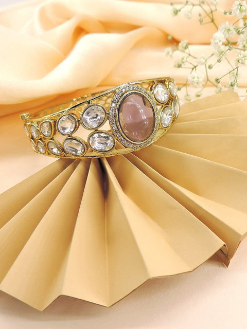 Royal gold plated Kundan cuff bracelet with baby pink stone – Indian bridal bracelet USA – Joyrias