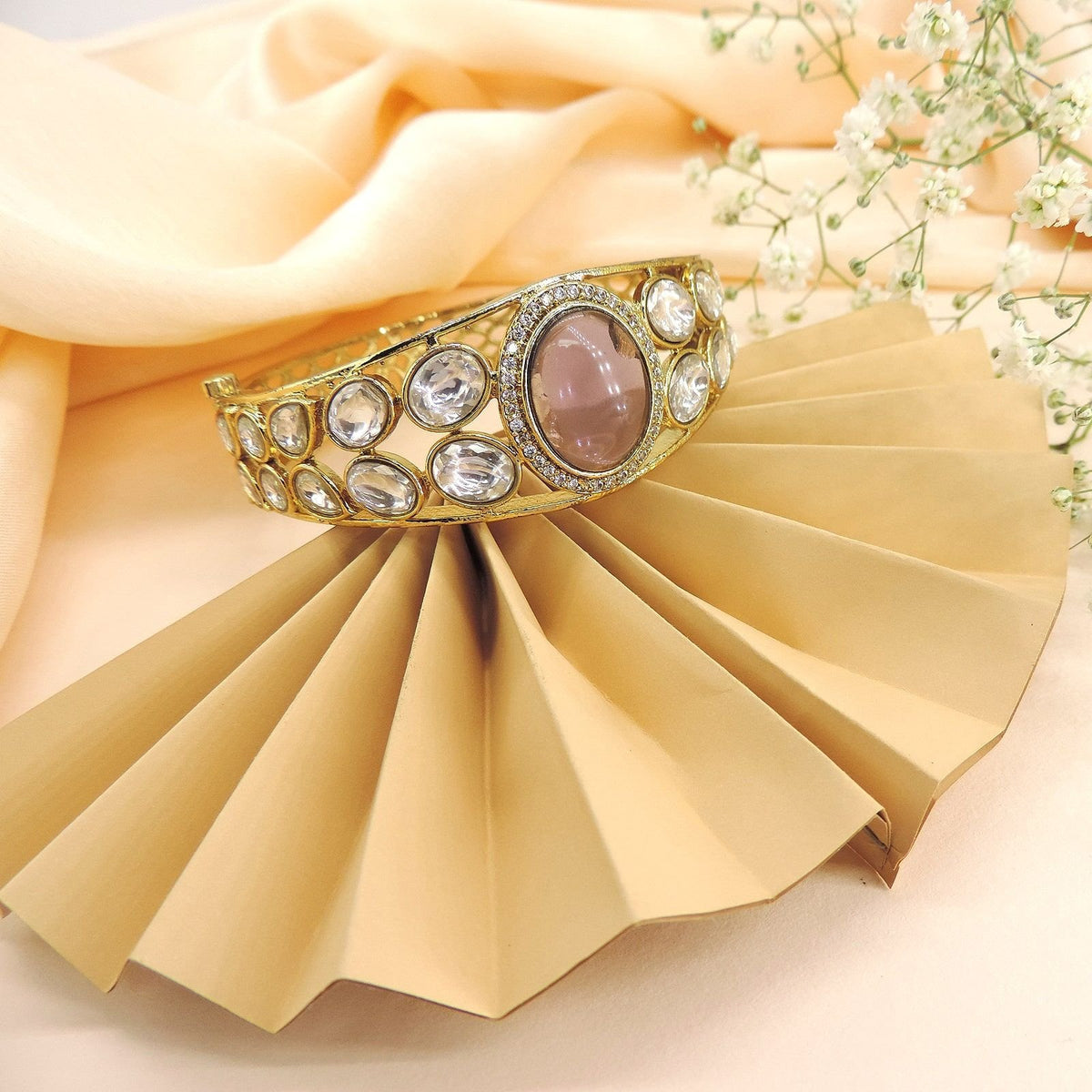 Royal gold plated Kundan cuff bracelet with baby pink stone – Indian bridal bracelet USA – Joyrias