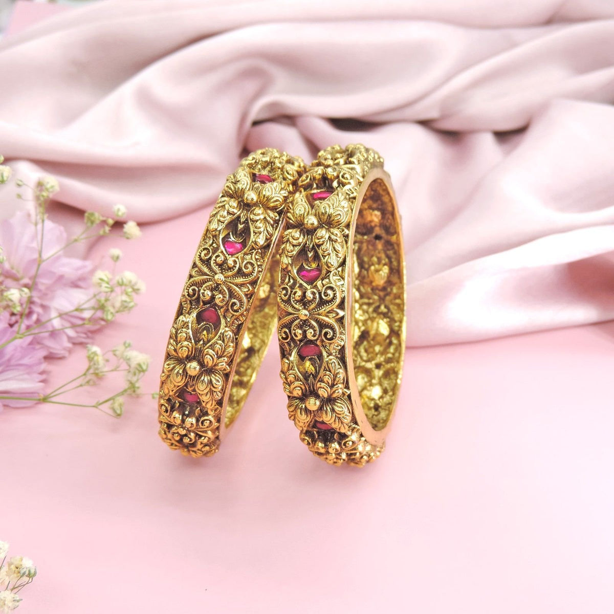 Antique gold plated floral bangles with ruby red accents – Indian festive bangles USA – Joyrias