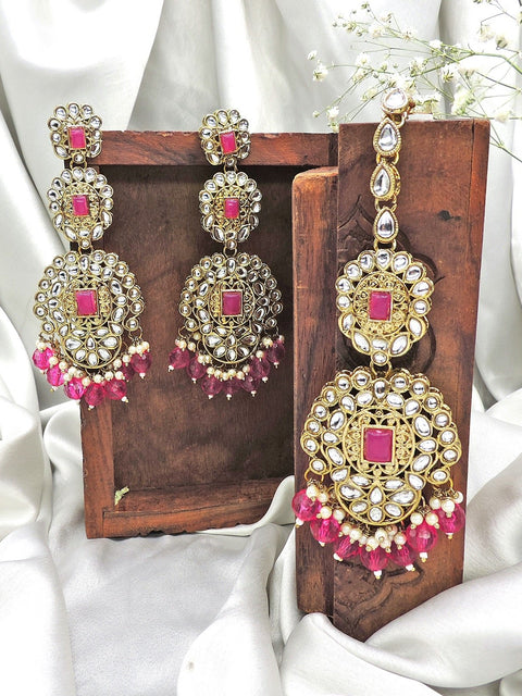 Gold tone Kundan maang tikka set in magenta – Indian magenta tikka for weddings USA – Joyrias
