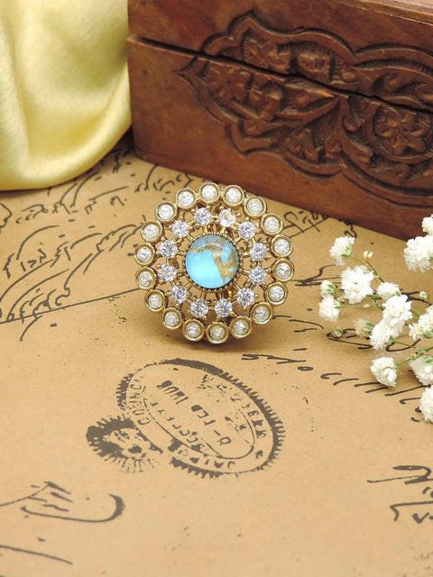 Round AD cocktail ring with blue stone – Indian CZ stone ring for women USA – Joyrias