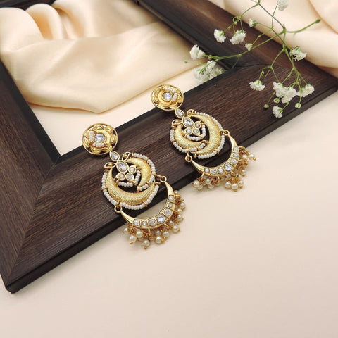 Gold plated Kundan and pearl dangler earrings – Indian festive earrings for weddings USA – Joyrias