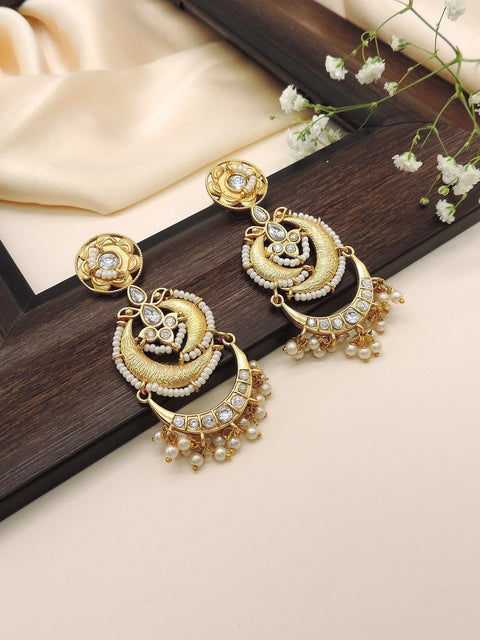 Gold plated Kundan and pearl dangler earrings – Indian festive earrings for weddings USA – Joyrias