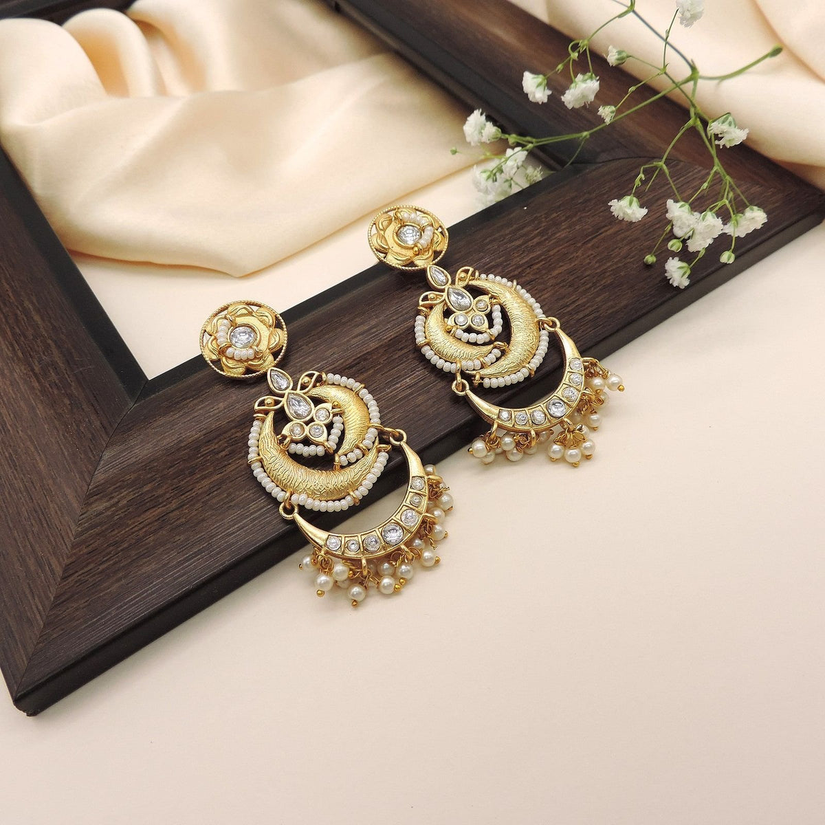 Gold plated Kundan and pearl dangler earrings – Indian festive earrings for weddings USA – Joyrias