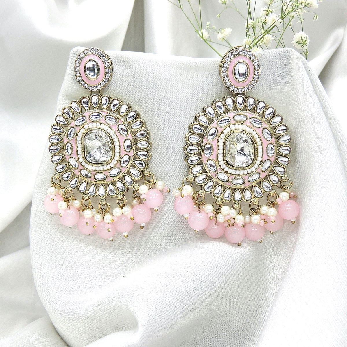 Kundan earrings in light pink beads – Indian Kundan pink bead earrings USA – Joyrias