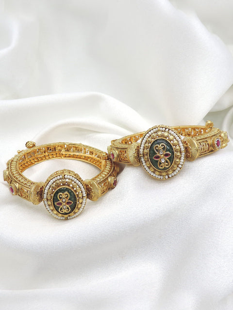 Heritage gold-toned black red stone bangle set with pearl detailing by joyrias