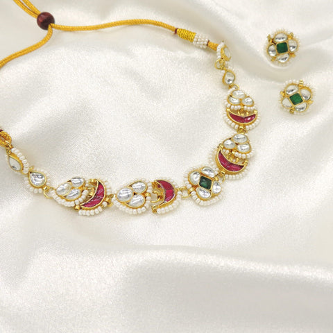 Kundan Meenakari Choker Necklace Set with Pearl Detailing