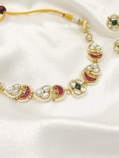 Kundan Meenakari Choker Necklace Set with Pearl Detailing