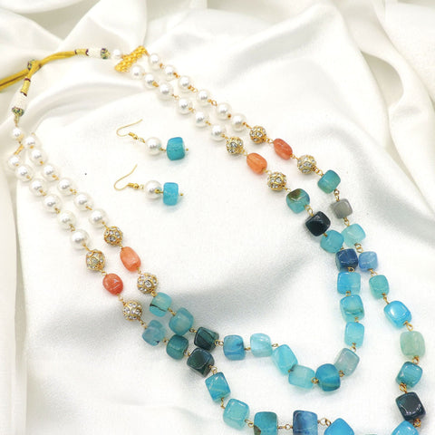 Ocean blue layered pearl necklace set with matching earrings and coastal-inspired bead accents