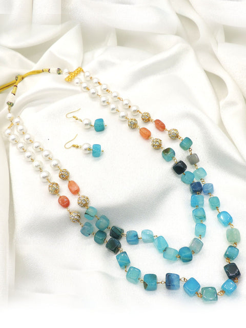 Ocean blue layered pearl necklace set with matching earrings and coastal-inspired bead accents