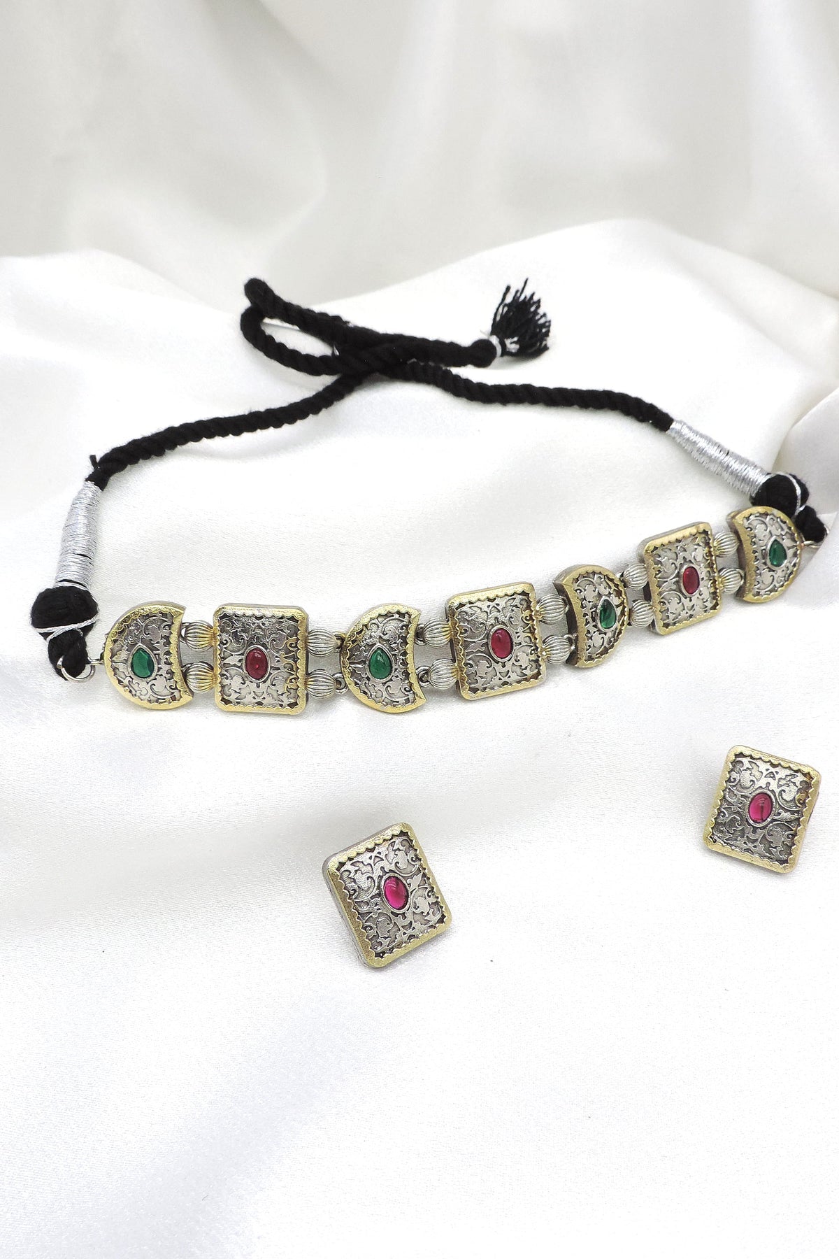 Oxidized Dual-Tone Multicolor Stone Choker Set